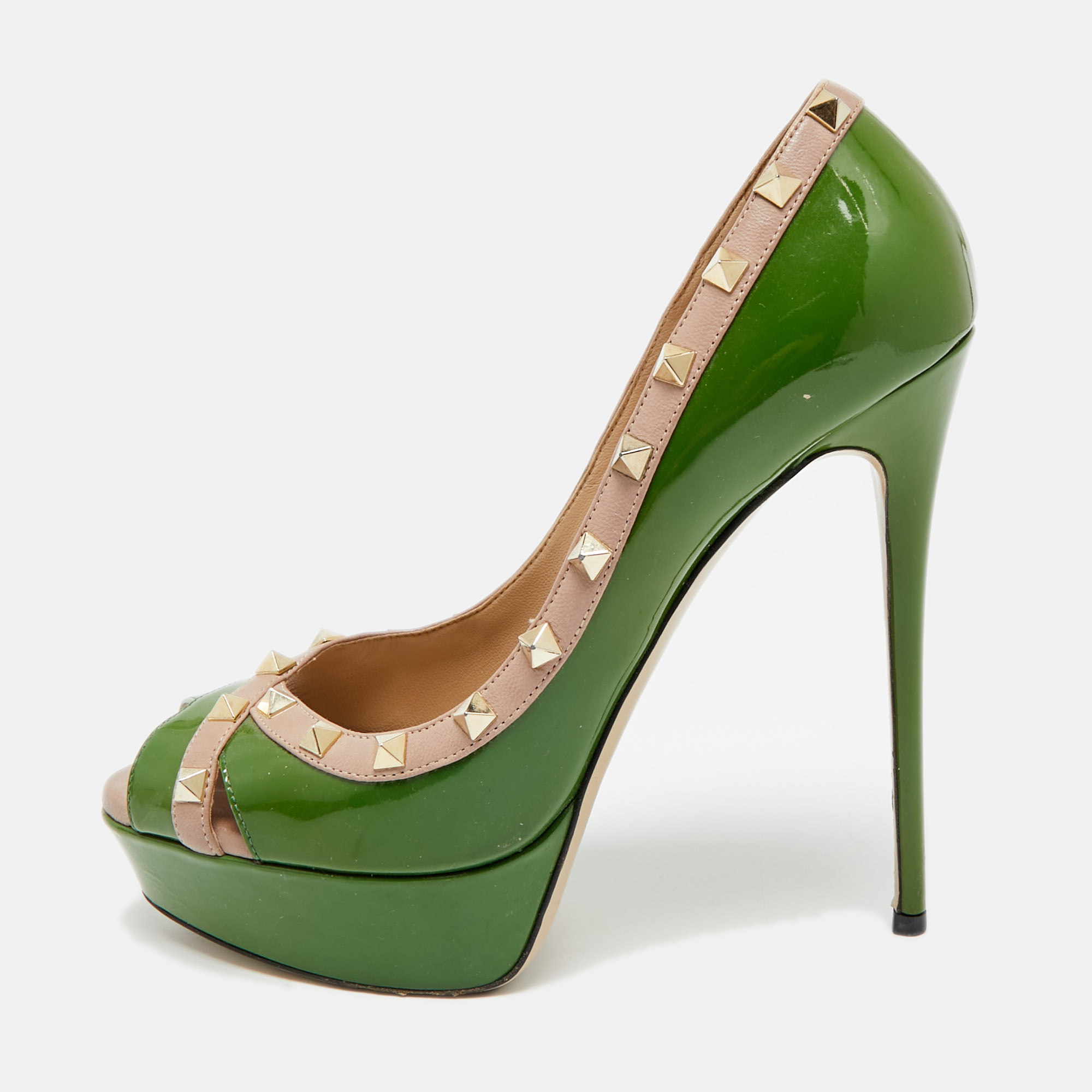 

Valentino Rockstud Size  Green/Biege Patent and Leather Peep Toe Pumps