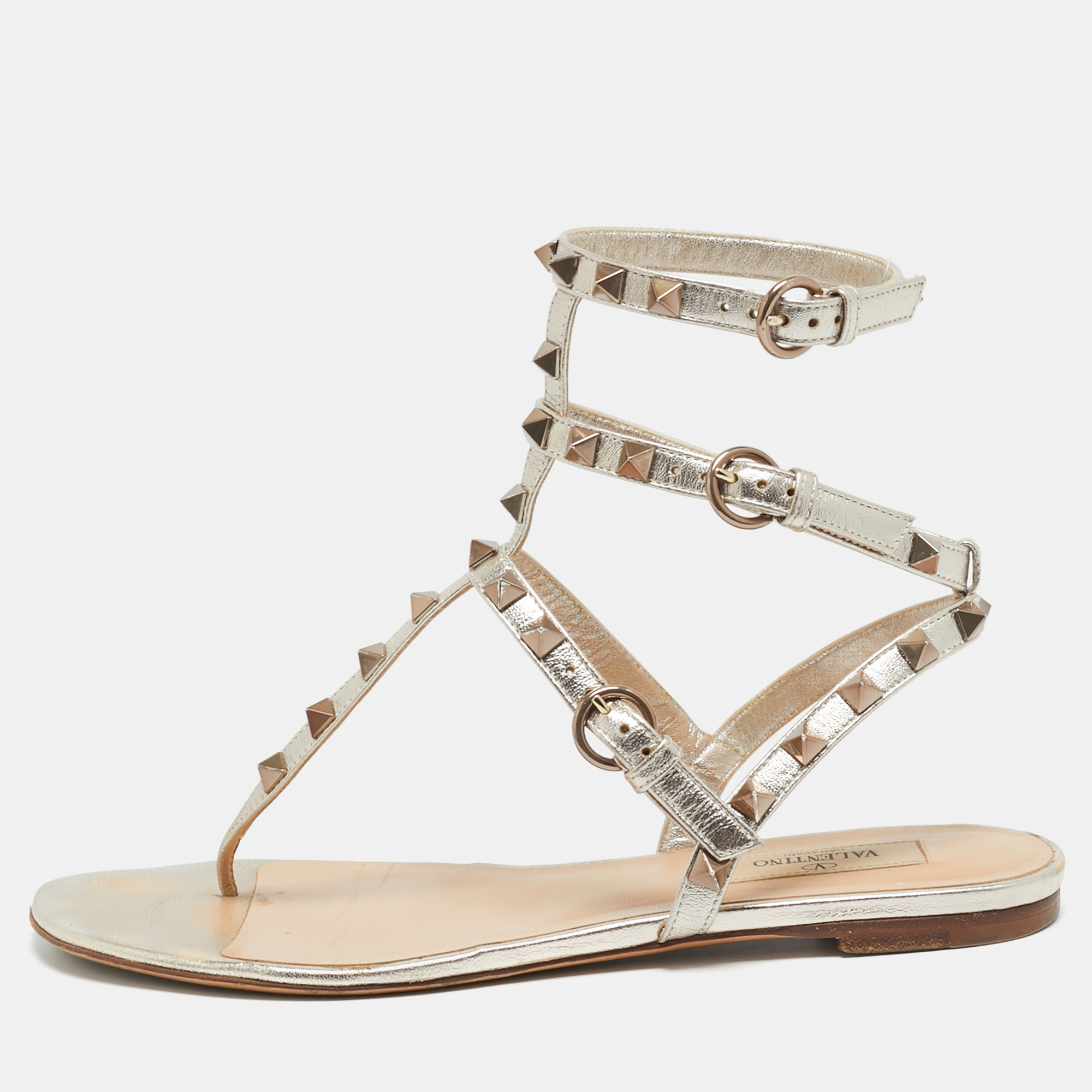 

Valentino Rockstud Size  Gold Leather Ankle Strap Flat Sandals