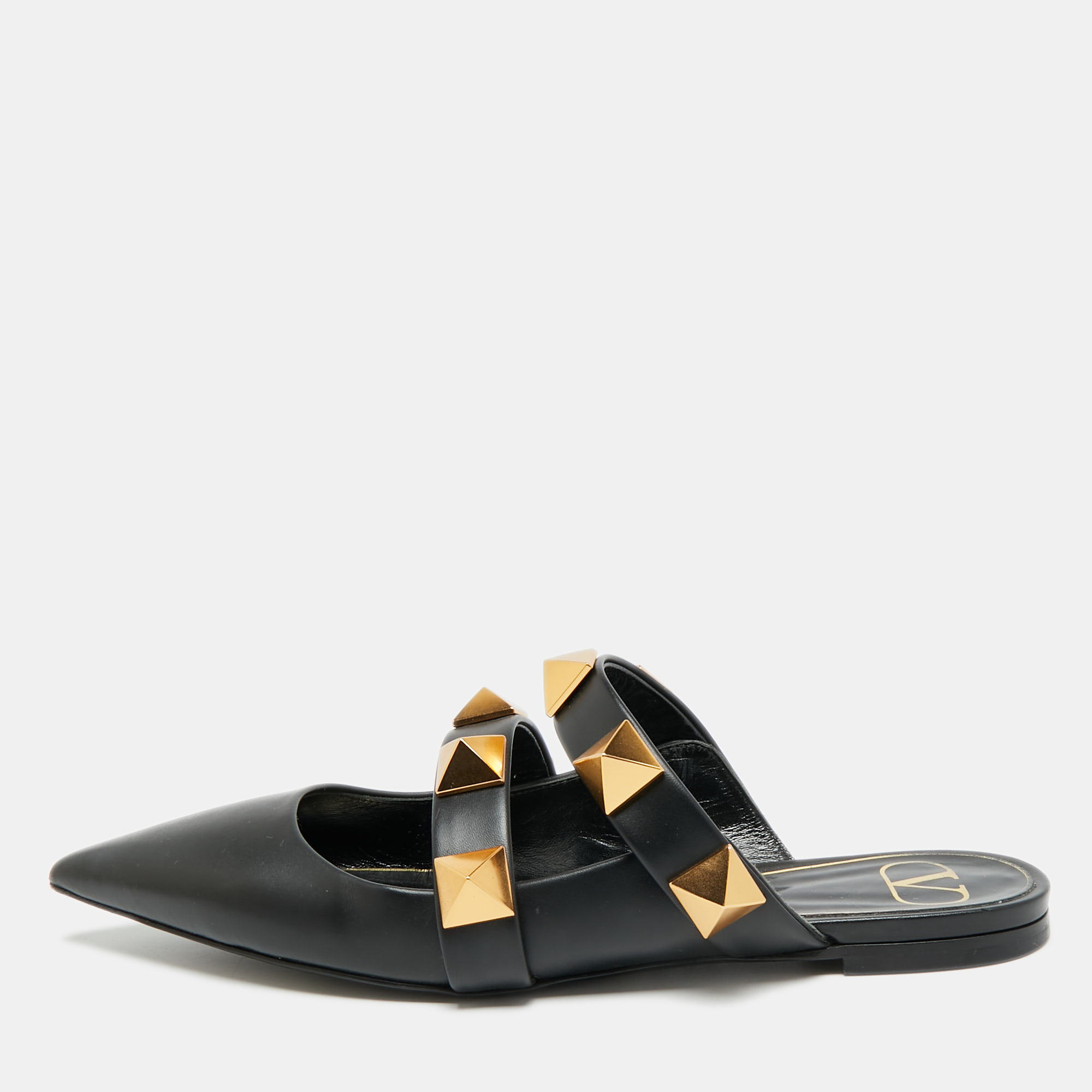 

Valentino Roman Stud Size  Black Leather Flat Mules