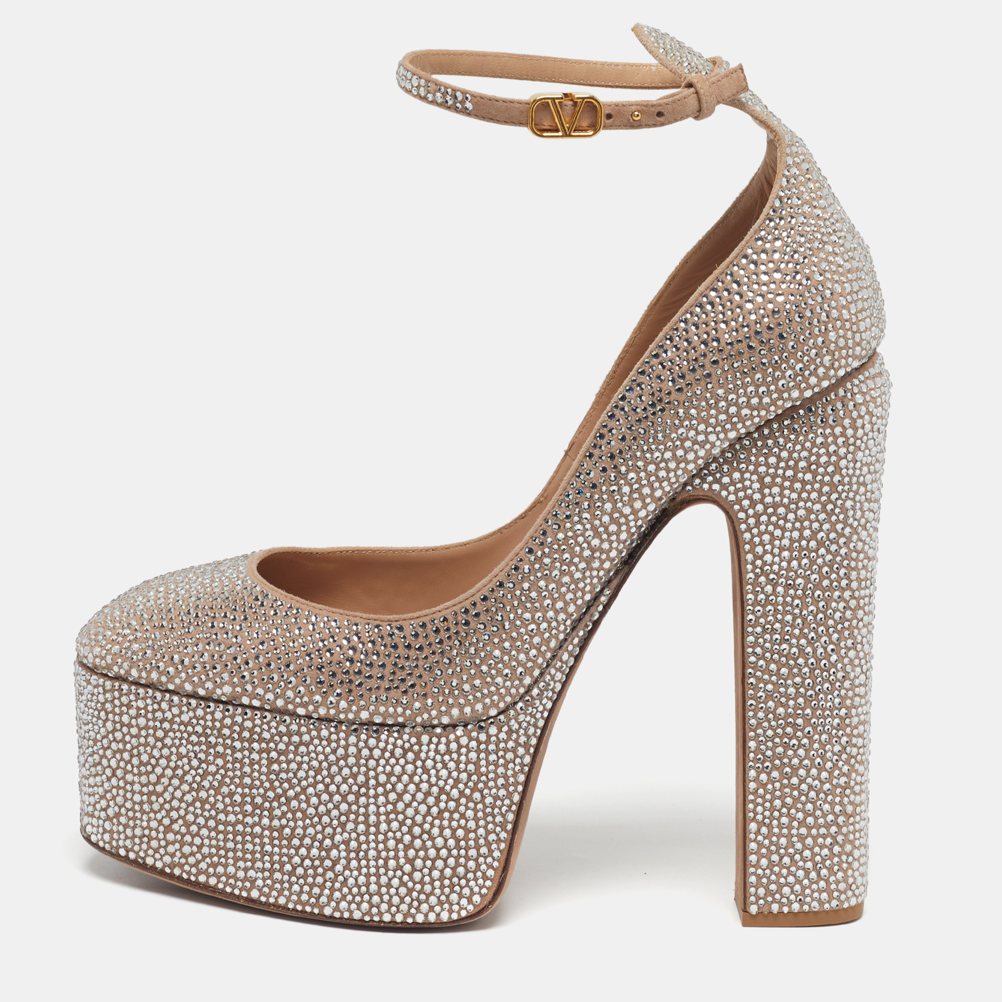

Valentino Tan-Go Size  Beige Suede Crystal Embellished Platform Pumps