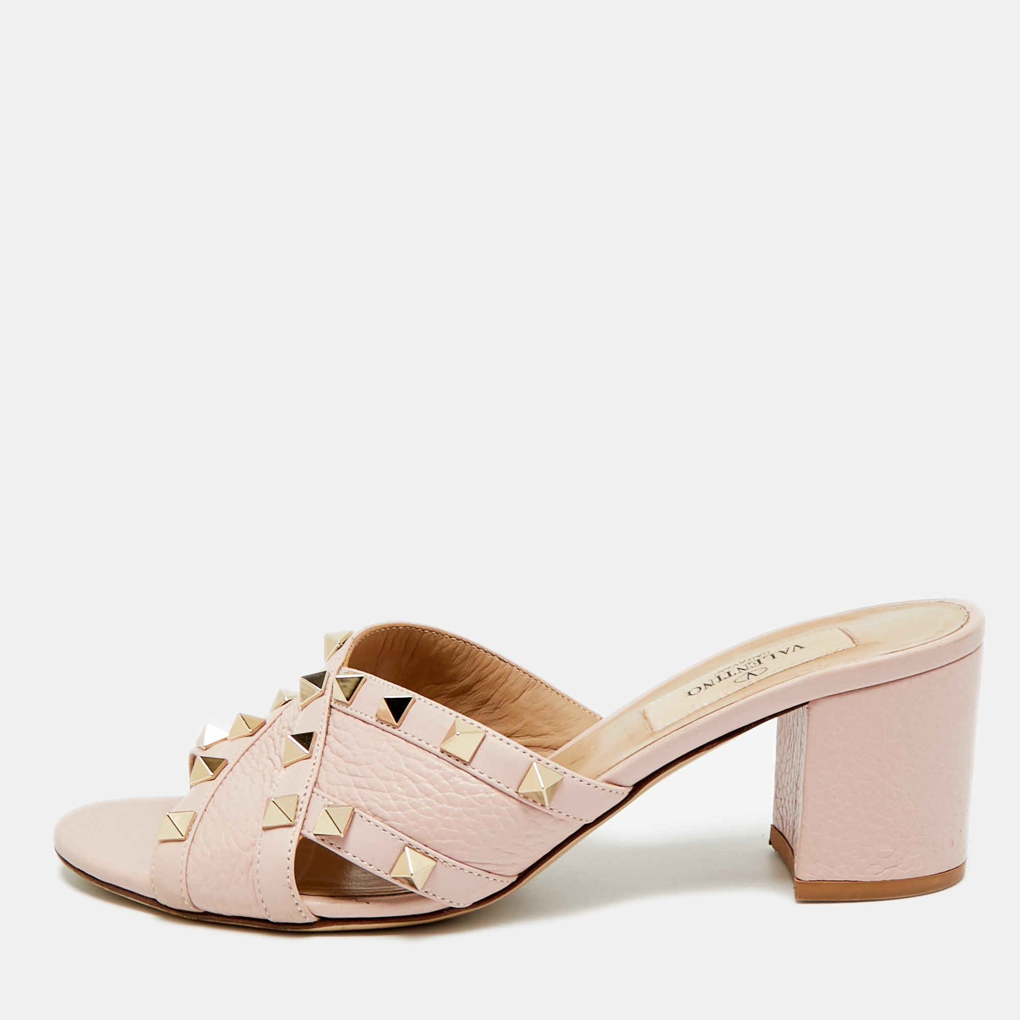 

Valentino Rockstud Size  Pink Leather Criss Cross Block Heel Slide Sandals