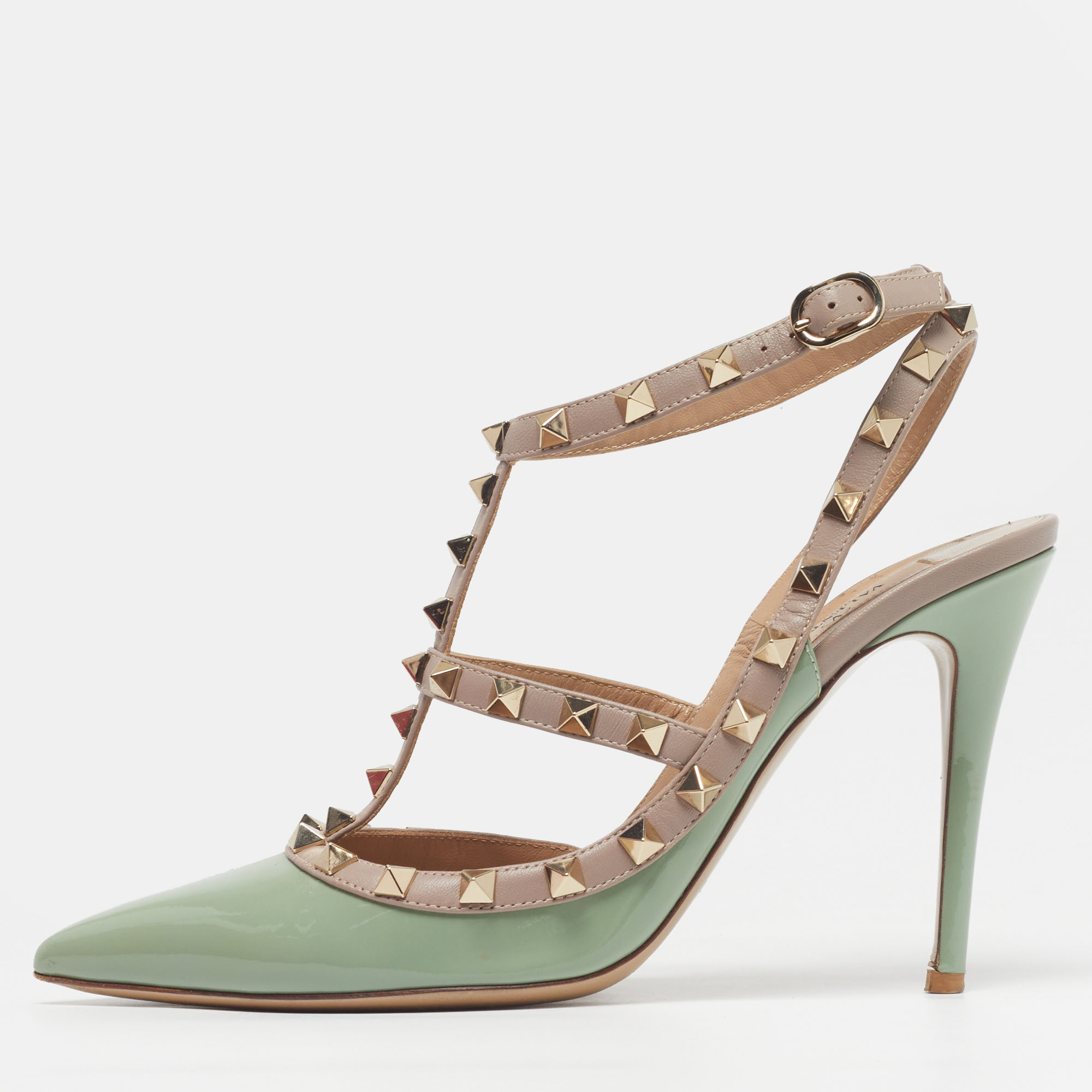 

Valentino Rockstud Caged Size  Green/Dusty Pink Patent and Leather Ankle Strap Pumps