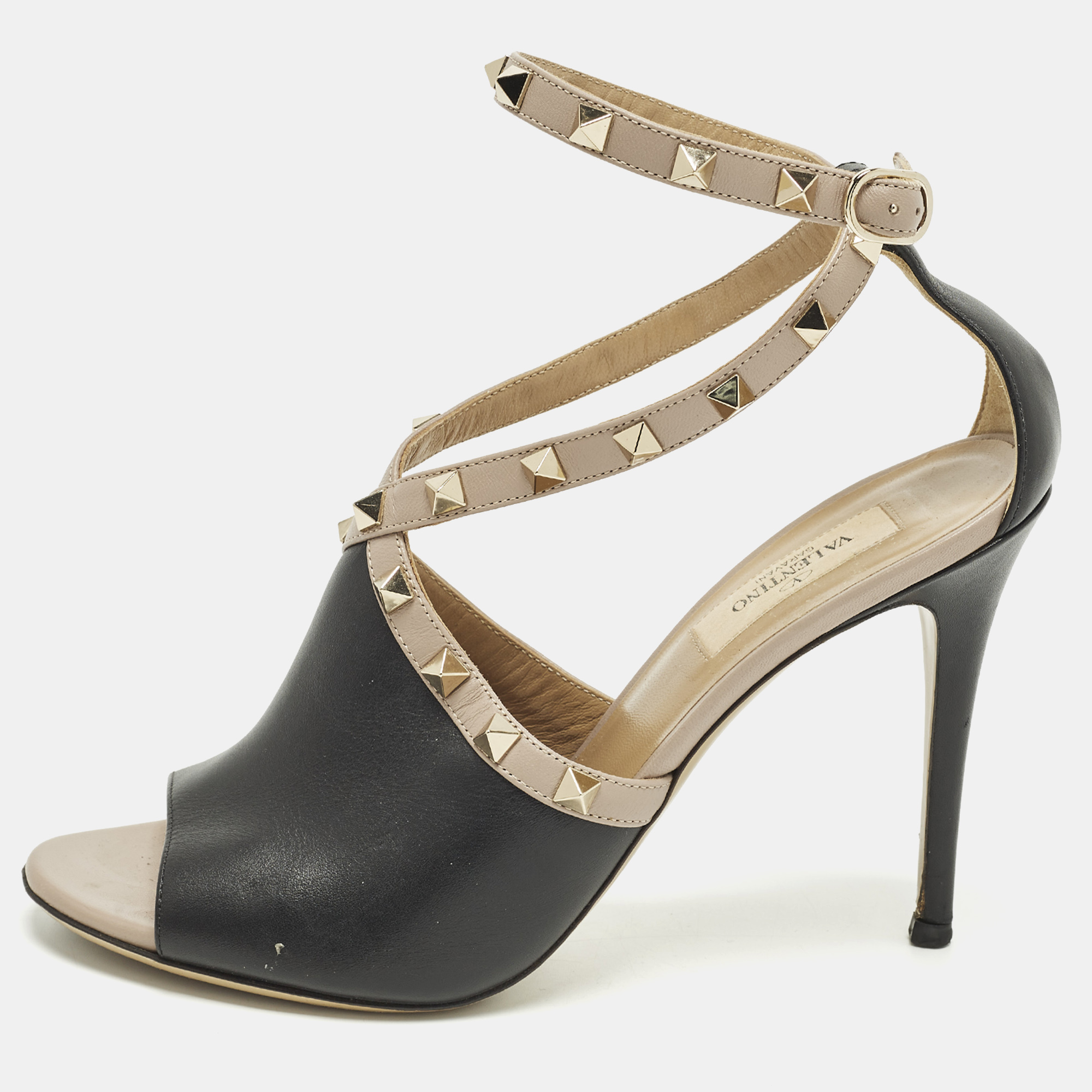 

Valentino Rockstud Size  Black Leather Ankle Strap Open Teo Pumps