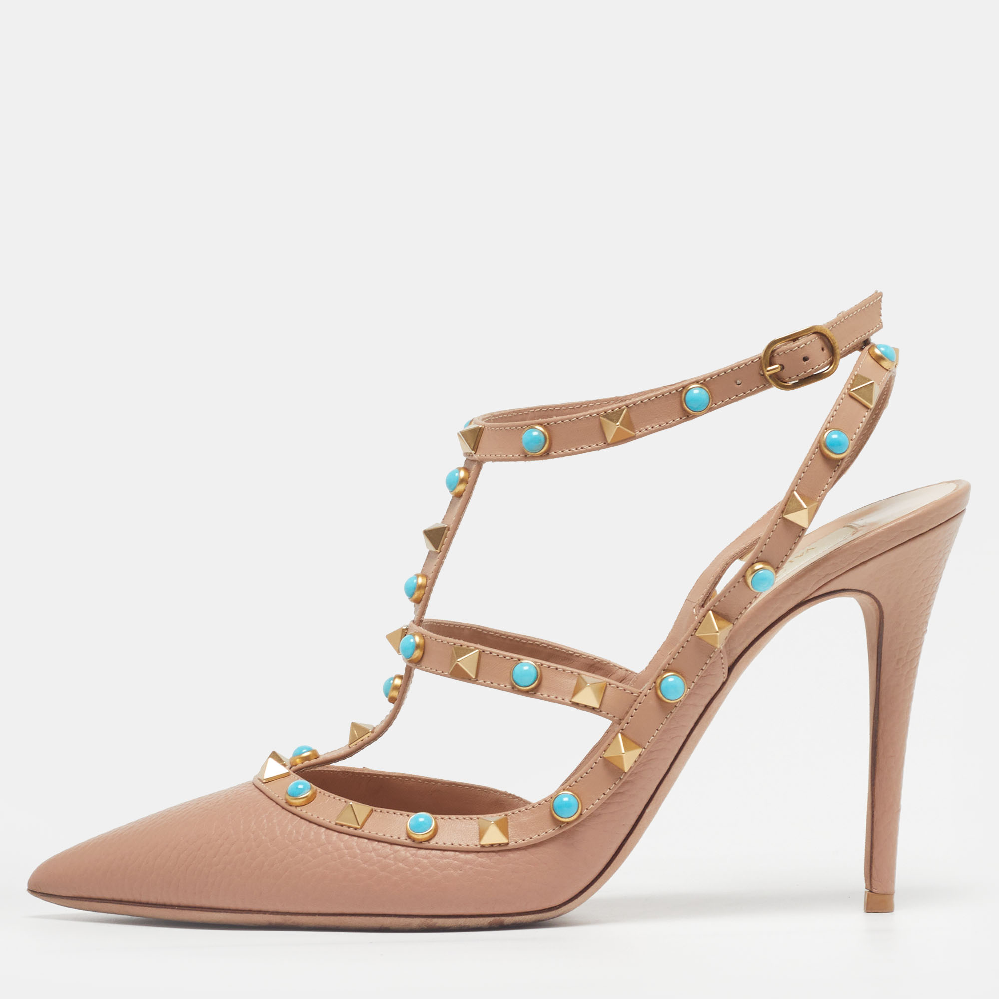 

Valentino Rolling Rockstud Caged Size  Pink Leather Ankle Strap Pumps