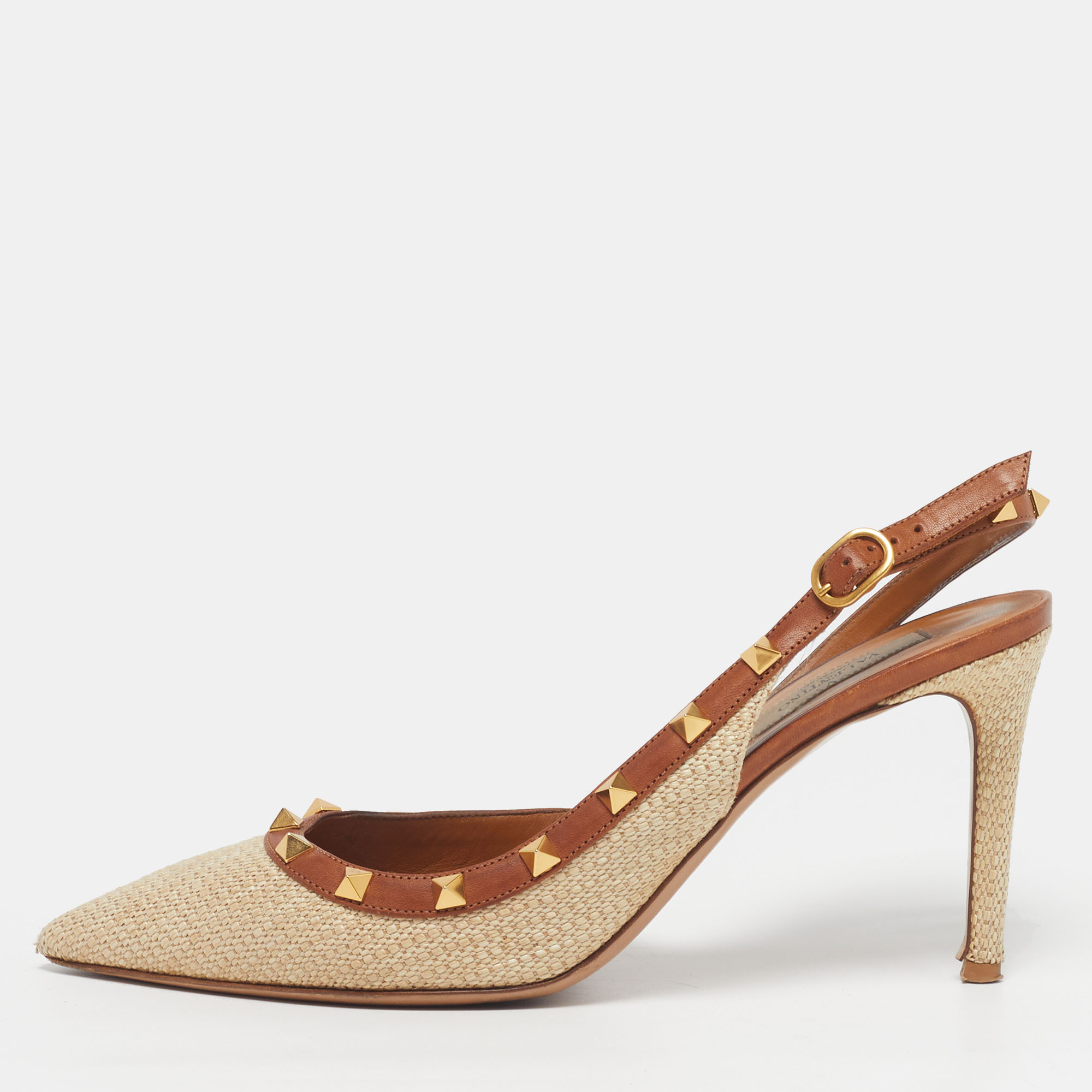 

Valentino Rockstud Size  Cream/Brown Leather and Raffia Pumps