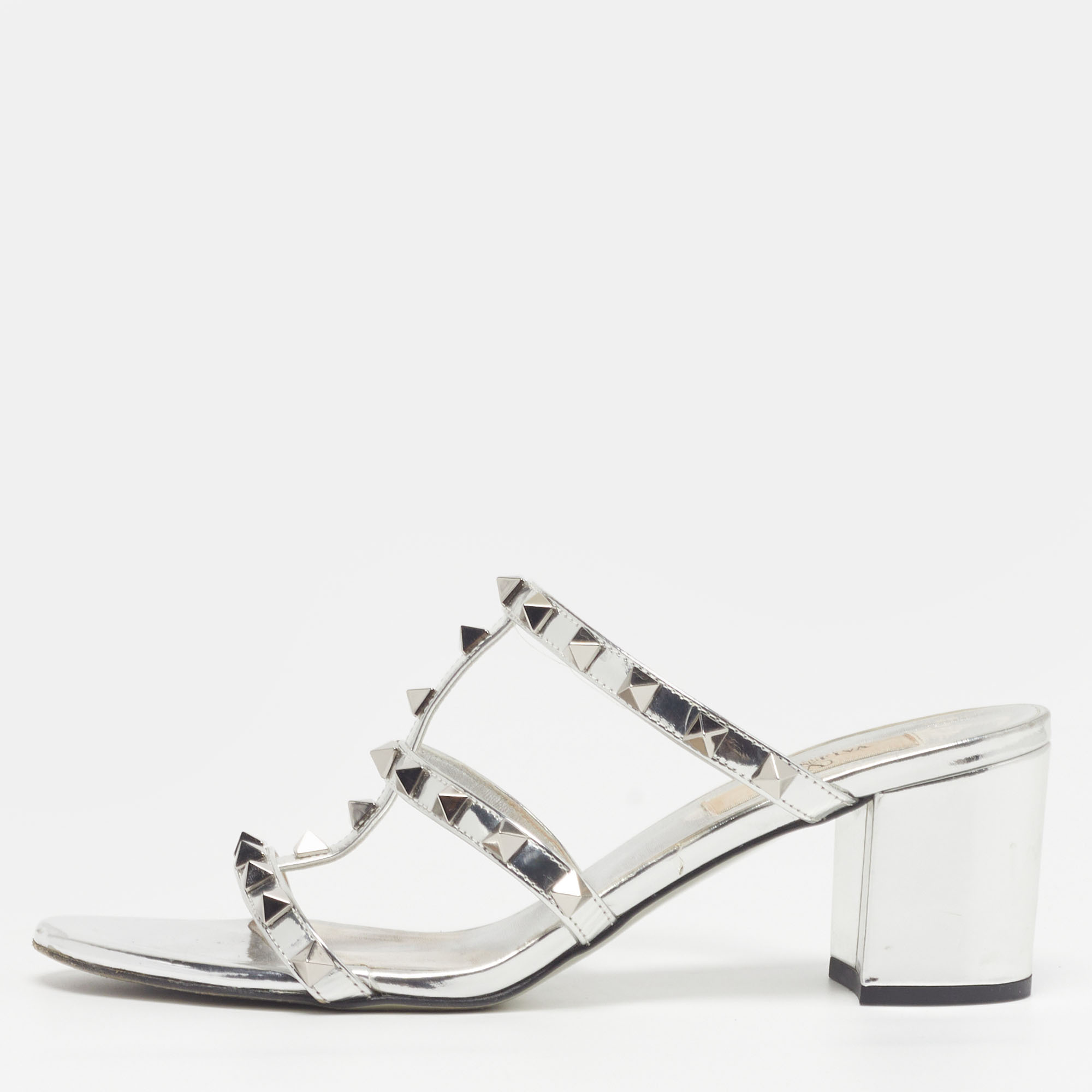 

Valentino Rockstud Size  Silver Leather Slide Sandals