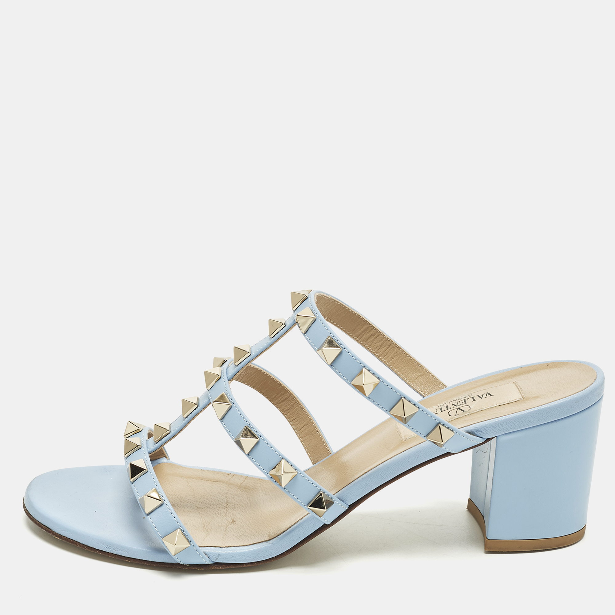

Valentino Rockstud Size  Light Blue Leather Block Heel Slide Sandals