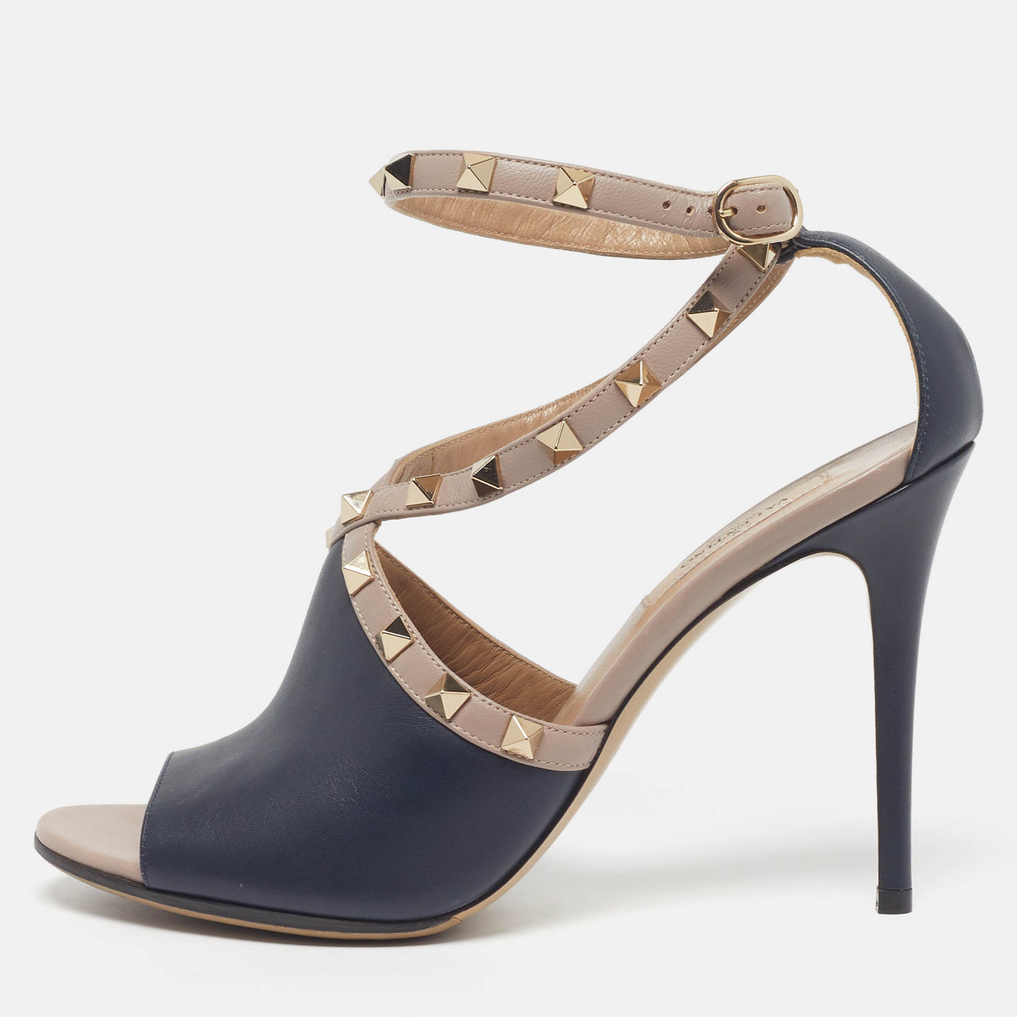 

Valentino Rockstud Size  Beige/Blue Leather Slingback Sandals