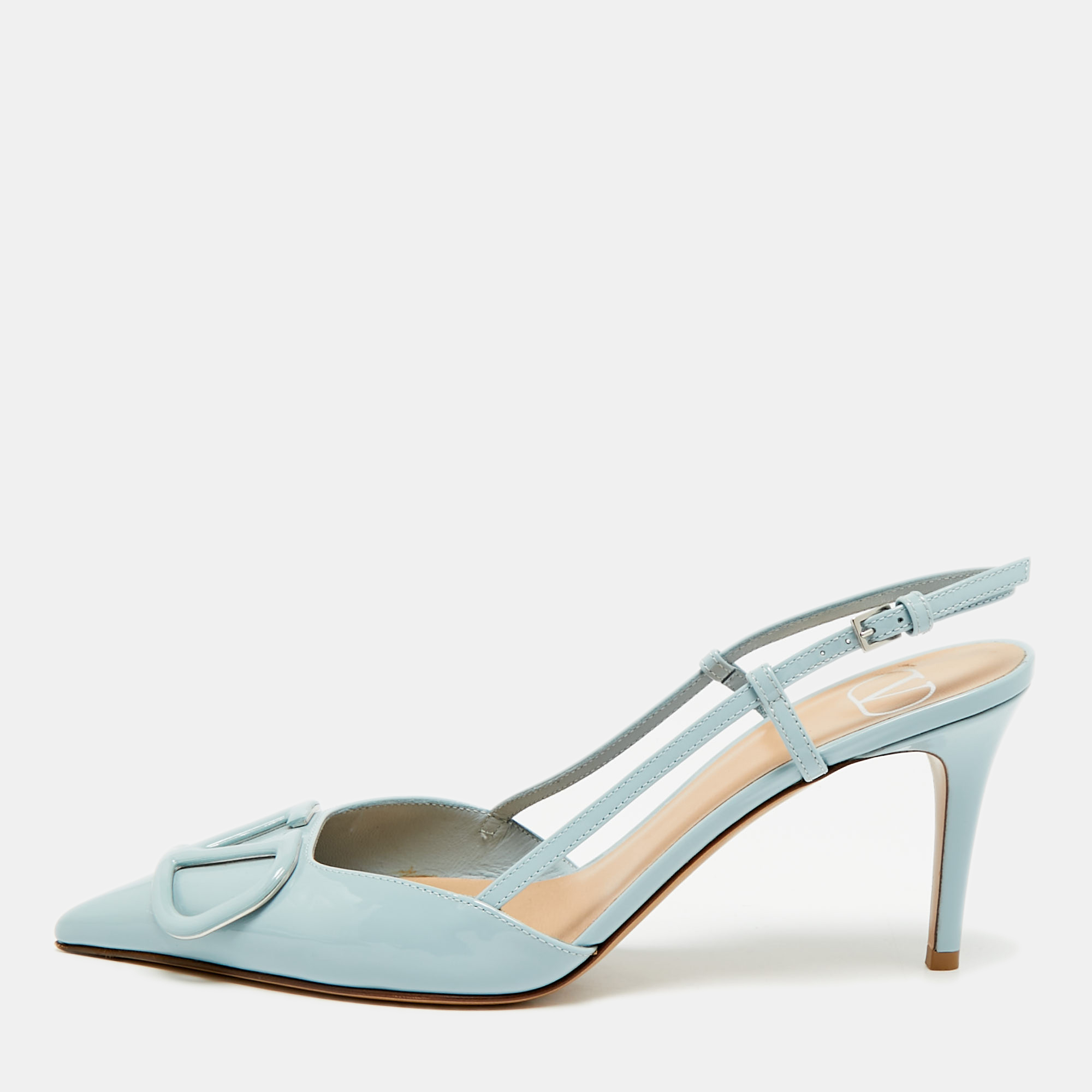 

Valentino VLogo Signature Size  Sky Blue Patent Leather Slingback Pumps
