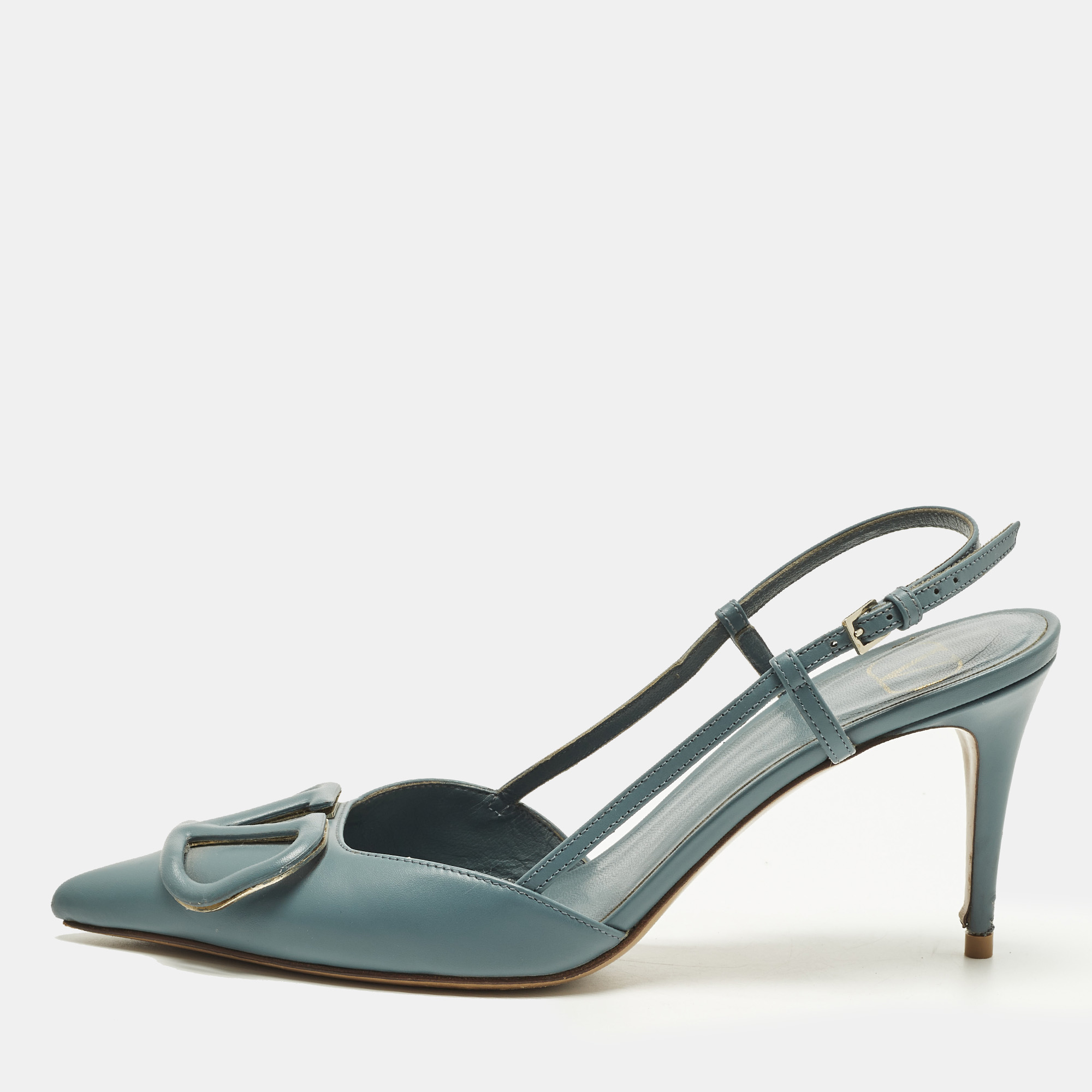 

Valentino VLogo Size  Blue Leather Slingback Pumps