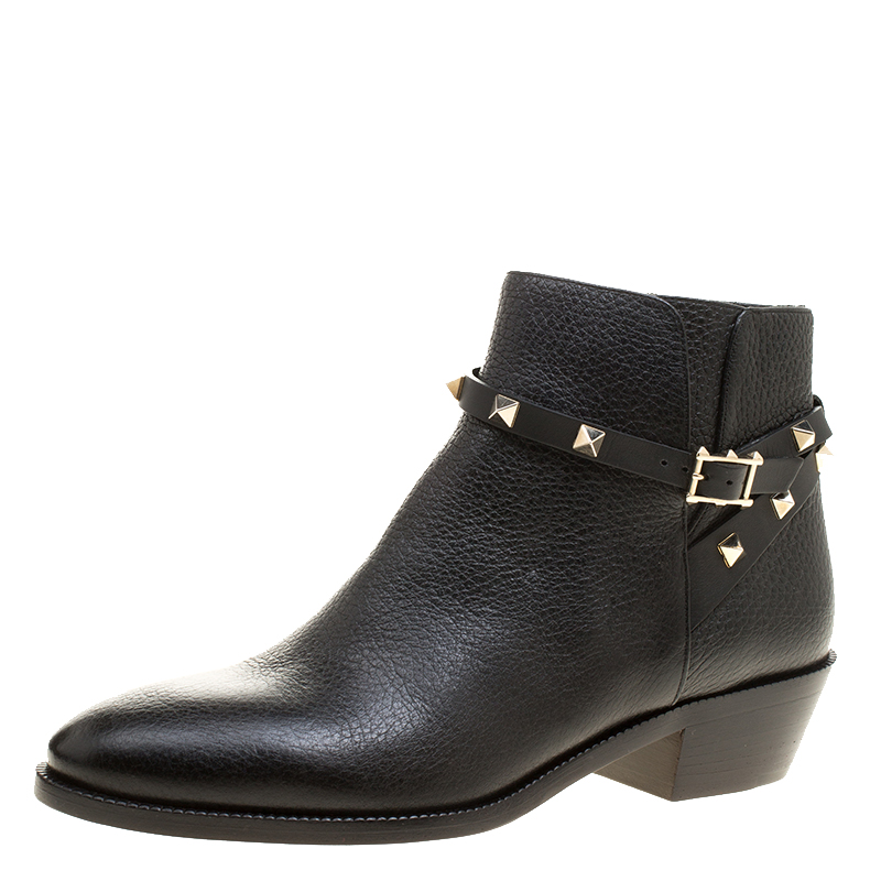 Pre Owned Valentino Black Leather Rockstud Ankle Boots Size 39