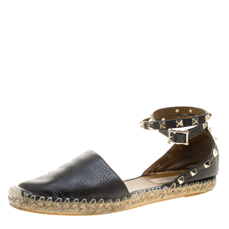 Pre Owned Valentino Black Leather Rockstud Espadrilles Size 38