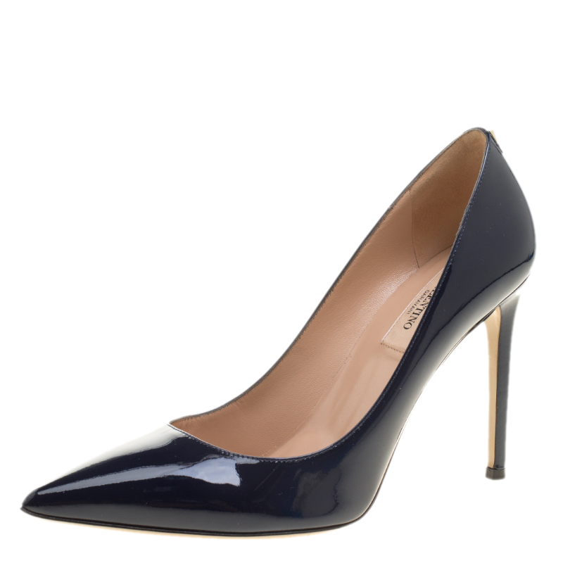 Pre Owned Valentino Blue Patent Leather Pointed Toe Pumps Size 37