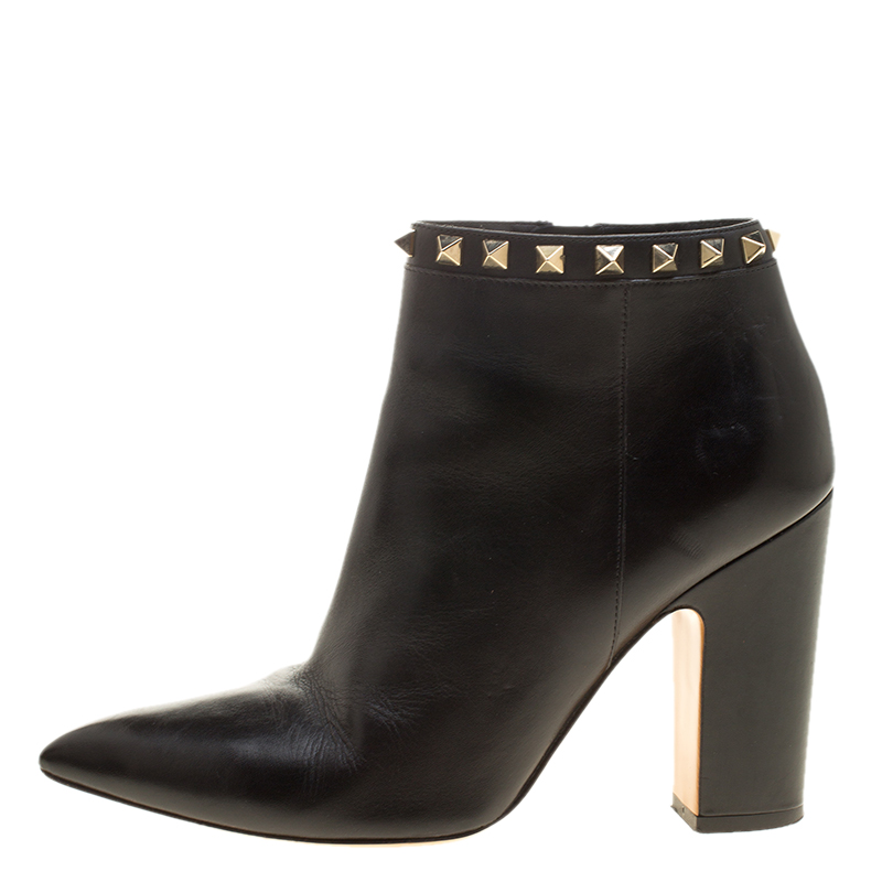 

Valentino Black Leather Rockstud Pointed Toe Block Heel Ankle Boots Size