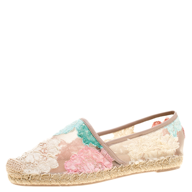 Pre Owned Valentino Multicolor Lace and Leather Espadrilles Size 37