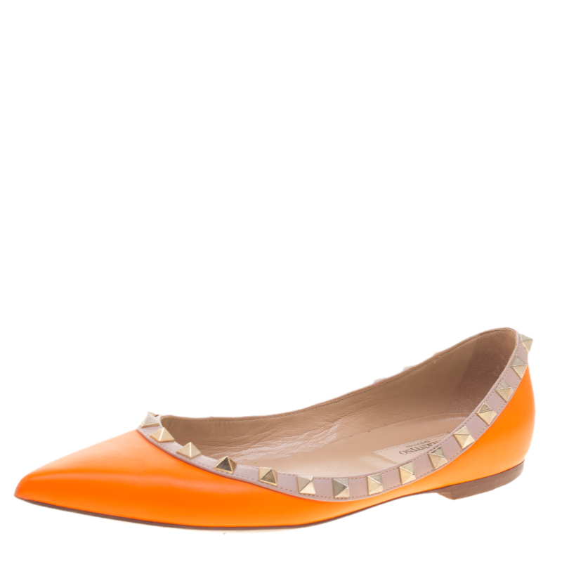 Valentino Neon Orange Leather Rockstud Pointed Toe Ballet Flats Size 36