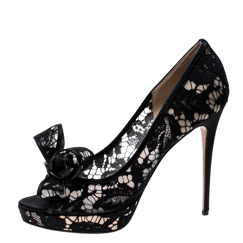 

Valentino Black Floral Lace Couture Bow Peep Toe Platform Pumps Size