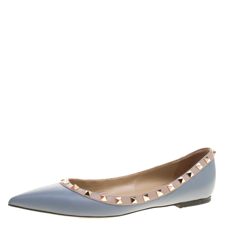 Grey Leather Rockstud Pointed Toe Ballet Flats Size | TLC