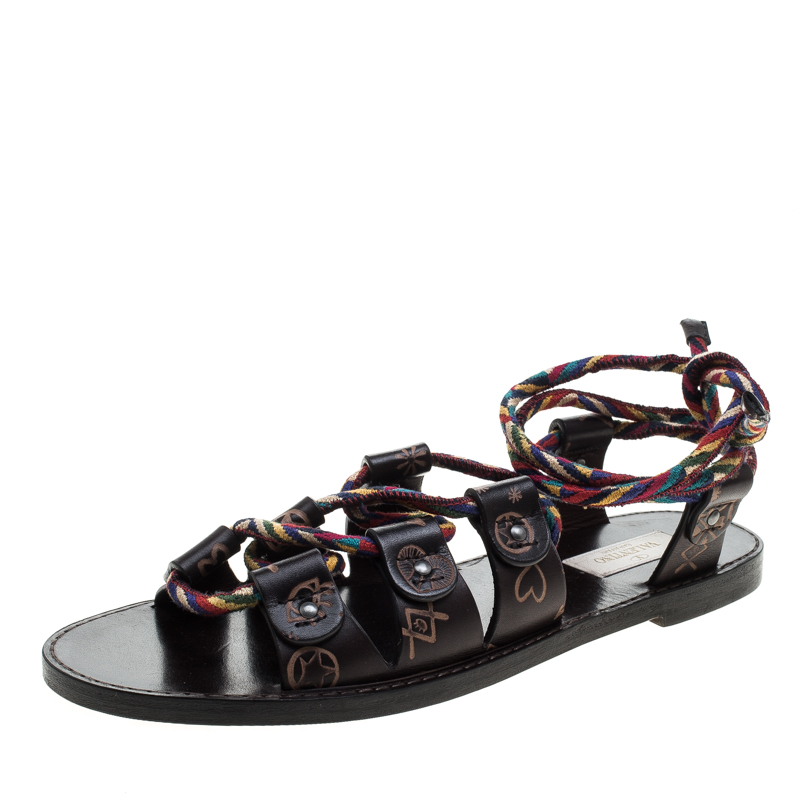 Pre Owned  Valentino Brown Leather Santeria Lace Up Sandals Size 38