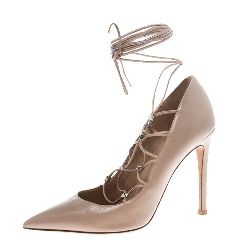 Valentino Beige Leather Rockstud Lace Up Pointed Toe Pumps Size 38 ...