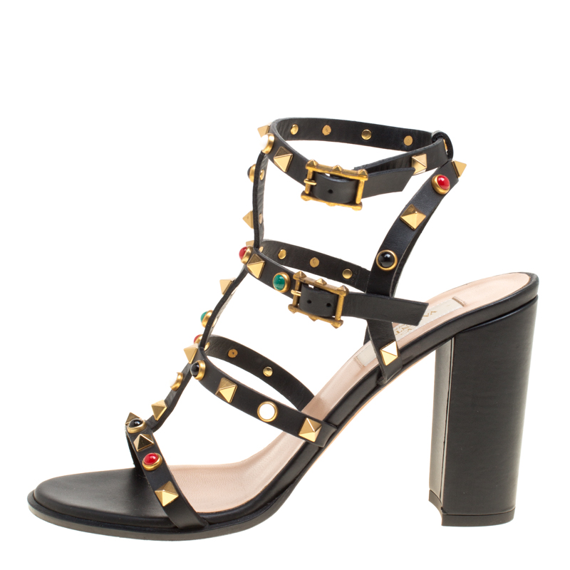 

Valentino Black Leather Rolling Rockstud Cabochon Gladiator Sandals Size