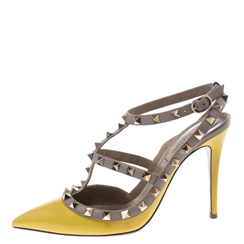 Valentino Yellow and Beige Leather Rockstud Sandals Size