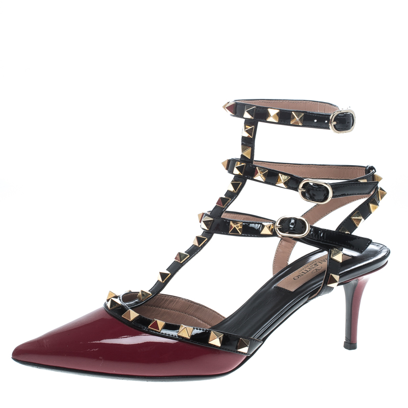 Pre Owned Valentino Red/Black Patent Leather Rolling Rockstud Sandals Size 38