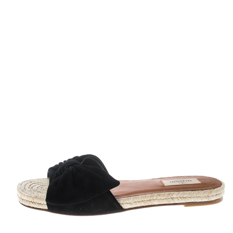 

Valentino Black Suede Tropical Bow Espadrille Slide Sandals Size