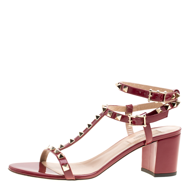 

Valentino Maroon Patent Leather T Strap Rockstud Block Heel Sandals Size, Red