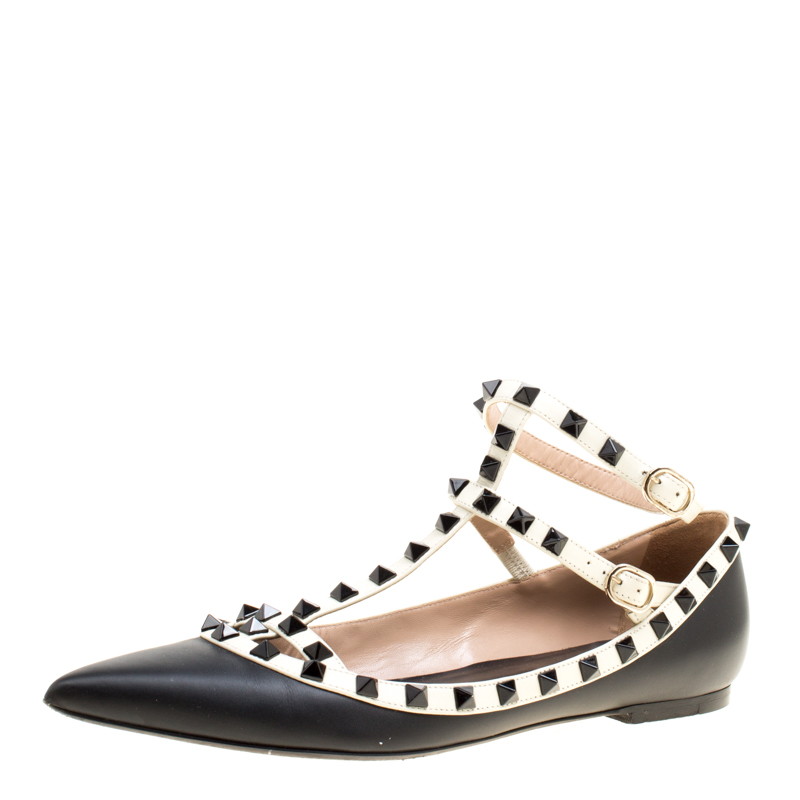 Pre Owned Valentino Black Leather T Strap Rockstud Pointed Toe Ballet Flats Size 40