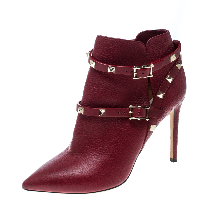 Pre Owned Valentino Red Leather Rockstud Pointed Toe Ankle Boots Size 37.5