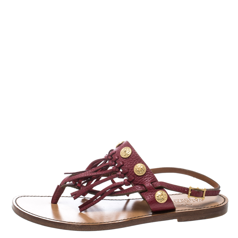 Pre-owned Valentino Garavani Maroon Leather Fringed Coin Detail Thong Sandals Size 37.5 In Red