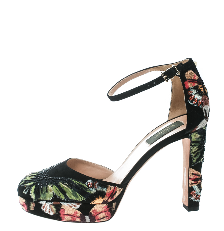 

Valentino Black Camubutterfly Embroidered Suede Ankle Strap Platform Pumps Size