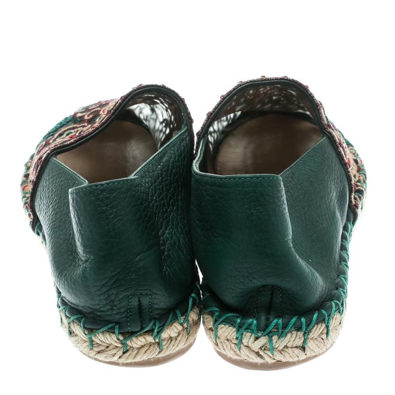 Pre-owned Valentino Garavani Green Embroidered Leather Espadrilles Size 35
