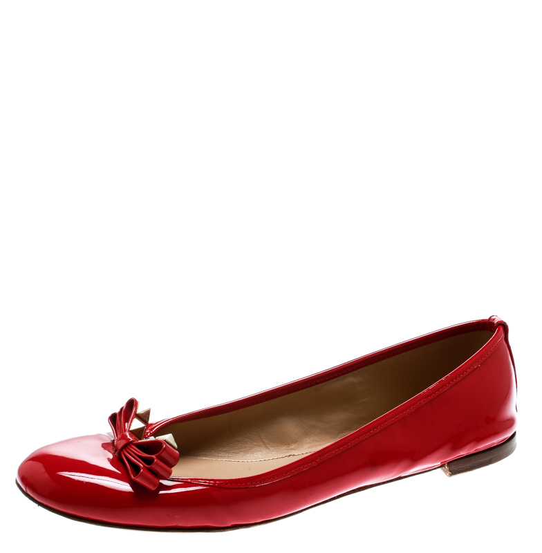 Pre Owned Valentino Red Patent Leather Rockstud Bow Ballet Flats Size 38