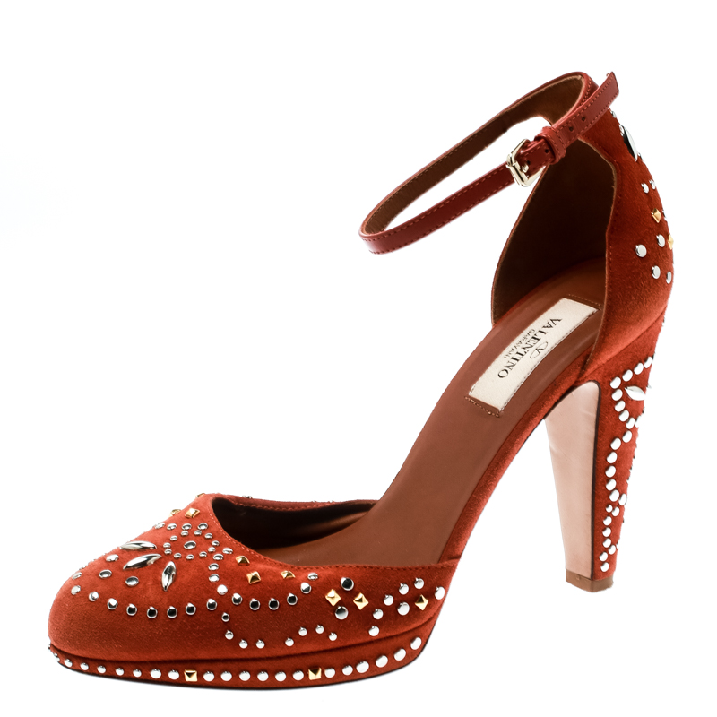 Pre Owned Valentino Orange Leather And Embellished Suede Teodora Ankle Strap Platform Pumps Size 38