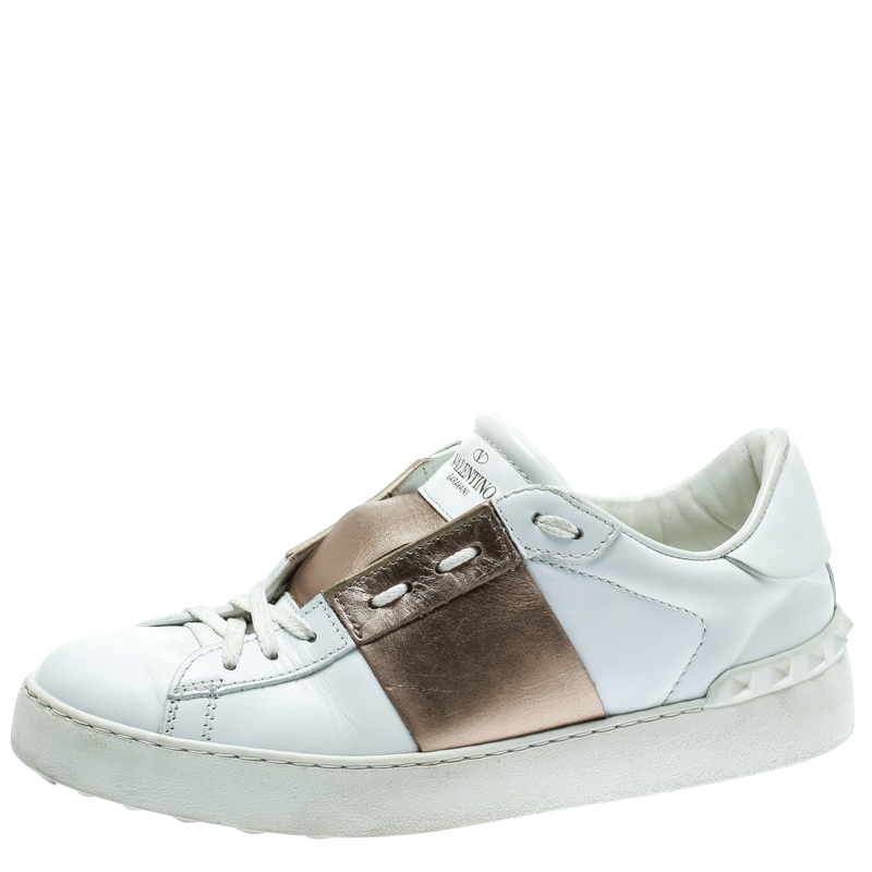  Valentino White And Metallic Gold Band Leather Open Low Top Sneakers Size 39