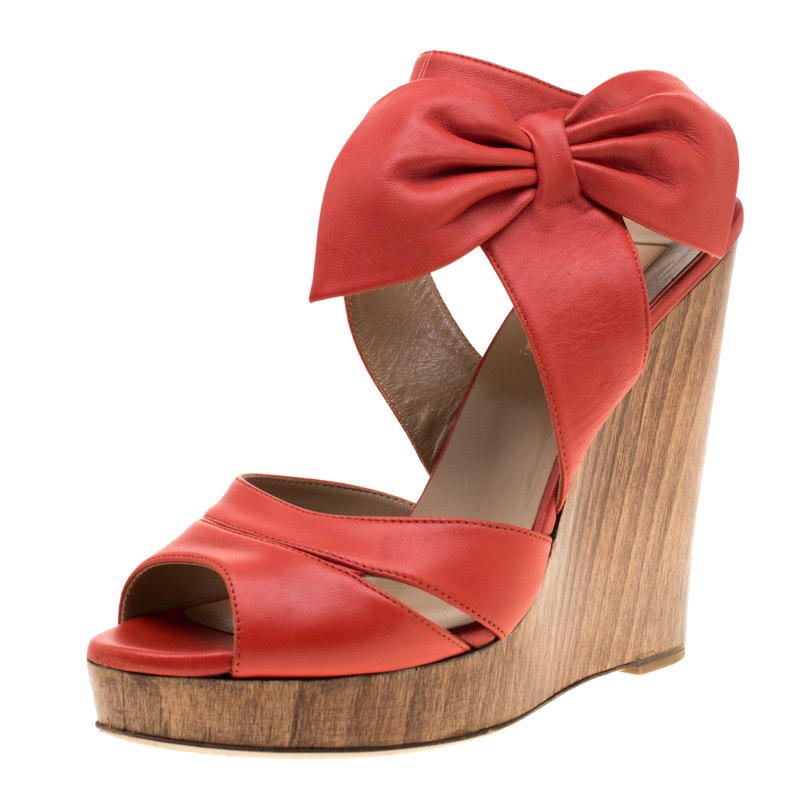Valentino Coral Red Leather Bow Detail Ankle Strap Wedge Platform Sandals Size 39