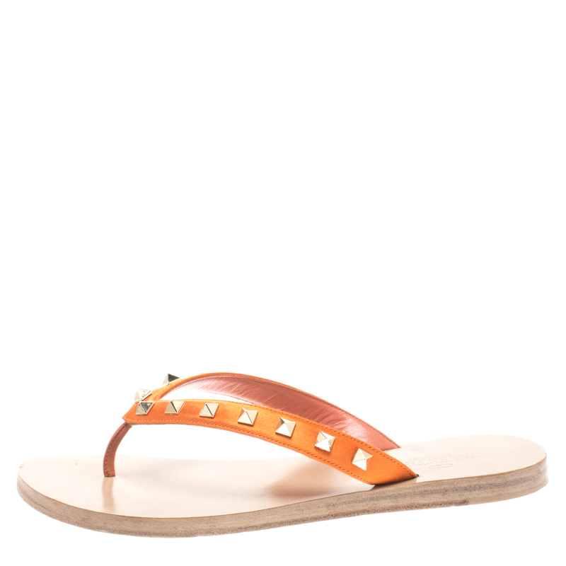 

Valentino Orange Satin Rockstud Flat Thong Sandals Size