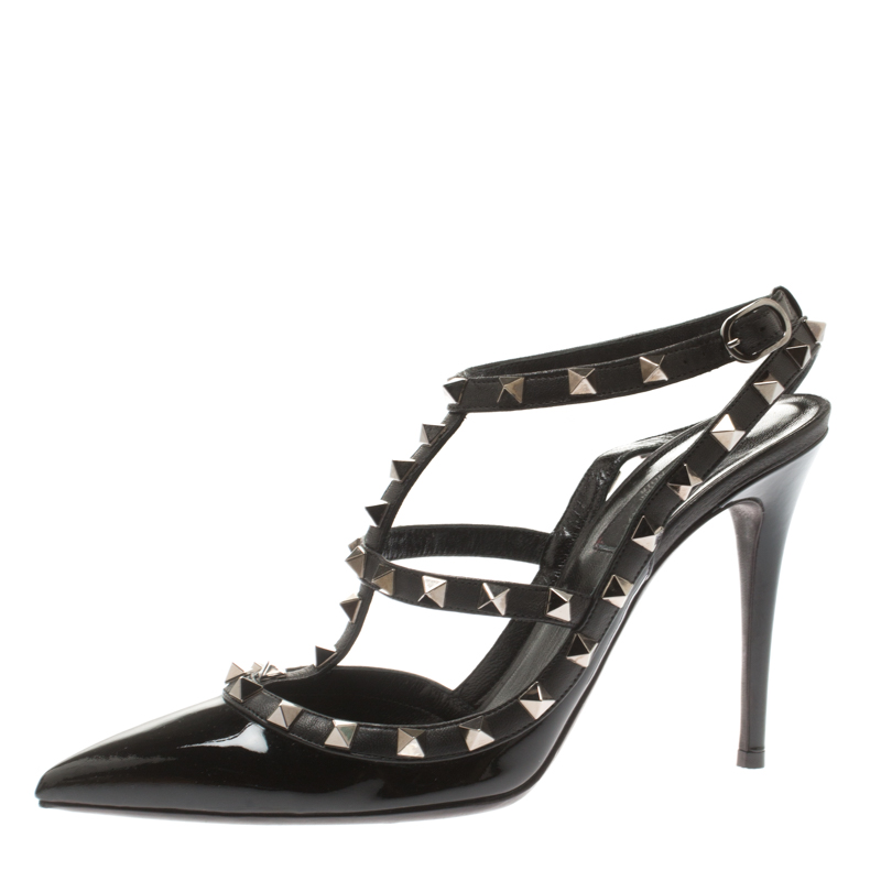 Valentino Black Patent Leather Rockstud Pointed Toe Sandals Size 39