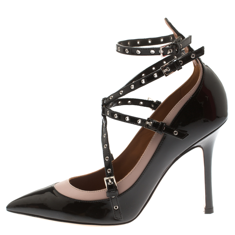 

Valentino Two Tone Leather Love Latch Detail Eyelet Embellished Pumps Size, Black