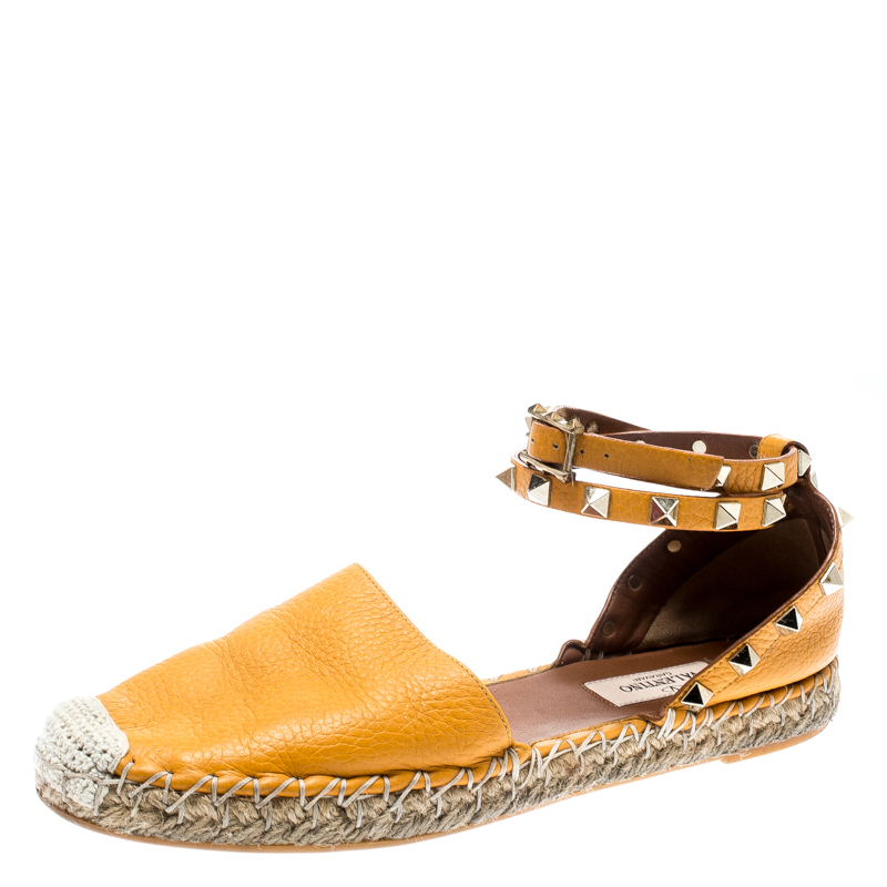 Pre Owned Valentino Yellow Leather Rockstud Ankle Wrap Espadrilles Size 37