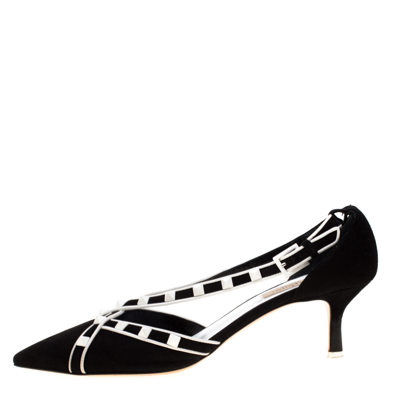 

Valentino Monochrome Suede Free Rockstud Cross Strap Pointed Toe Pumps Size, Black