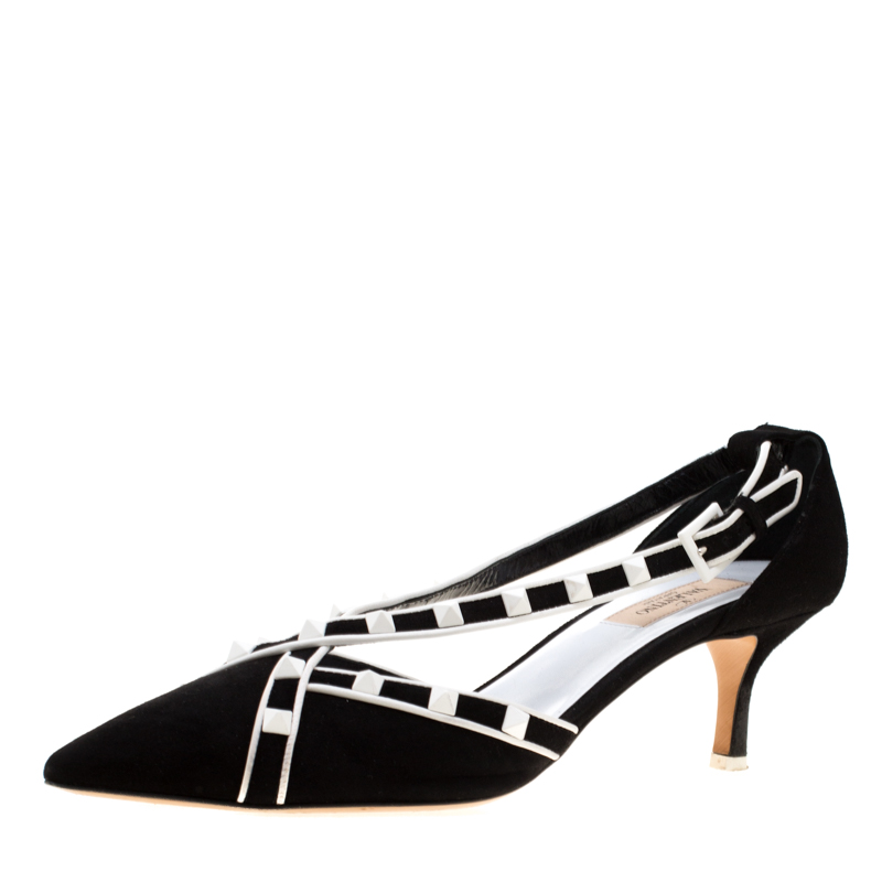 Pre Owned Valentino Monochrome Suede Free Rockstud Cross Strap Pointed Toe Pumps Size 40