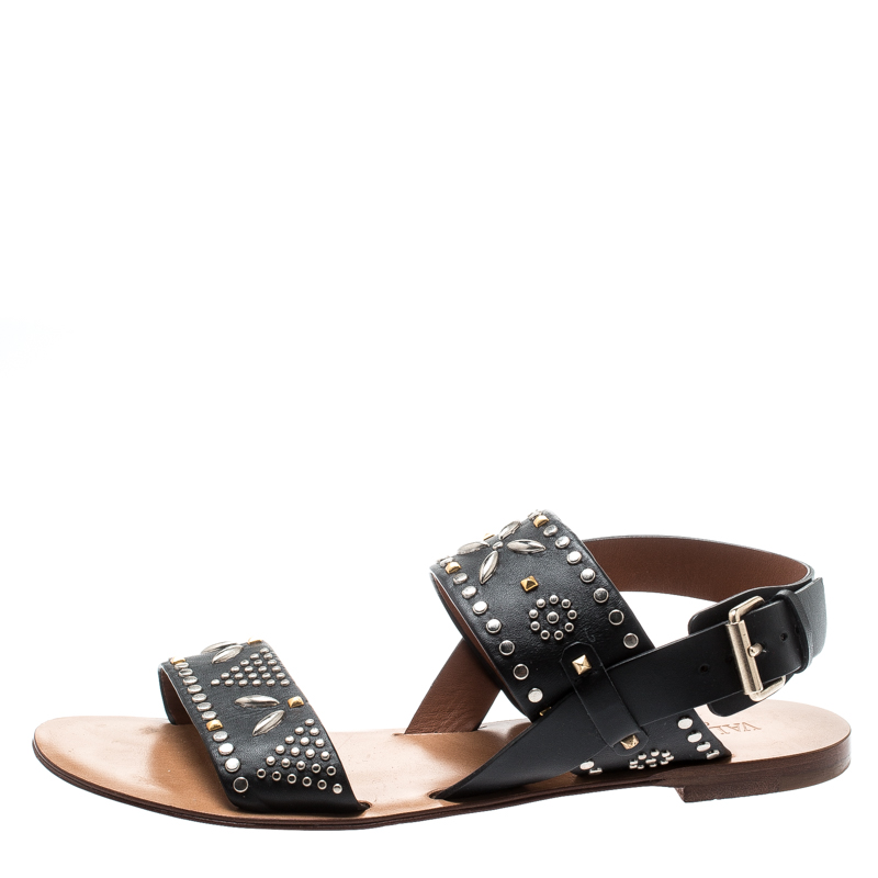 

Valentino Black Embellished Leather Flat Sandals Size