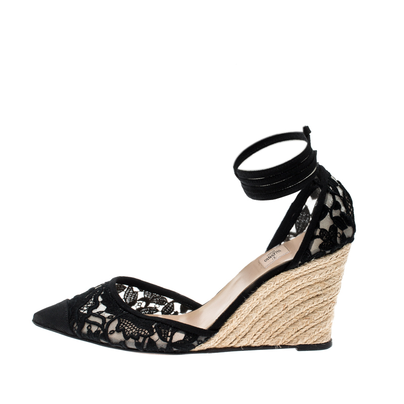 

Valentino Black Lace And Mesh Espadrille Wedge Sandals Size