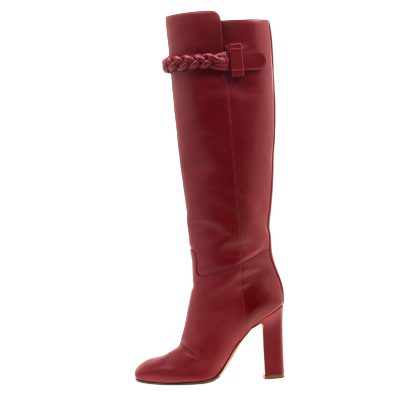 

Valentino Red Leather Braided Detail Knee Length Boots Size