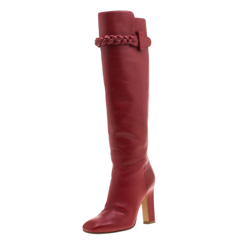 Pre Owned Valentino Red Leather Braided Detail Knee Length Boots Size 37
