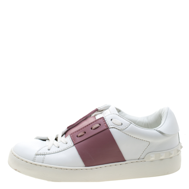 

Valentino White And Pink Band Leather Open Low Top Sneakers Size