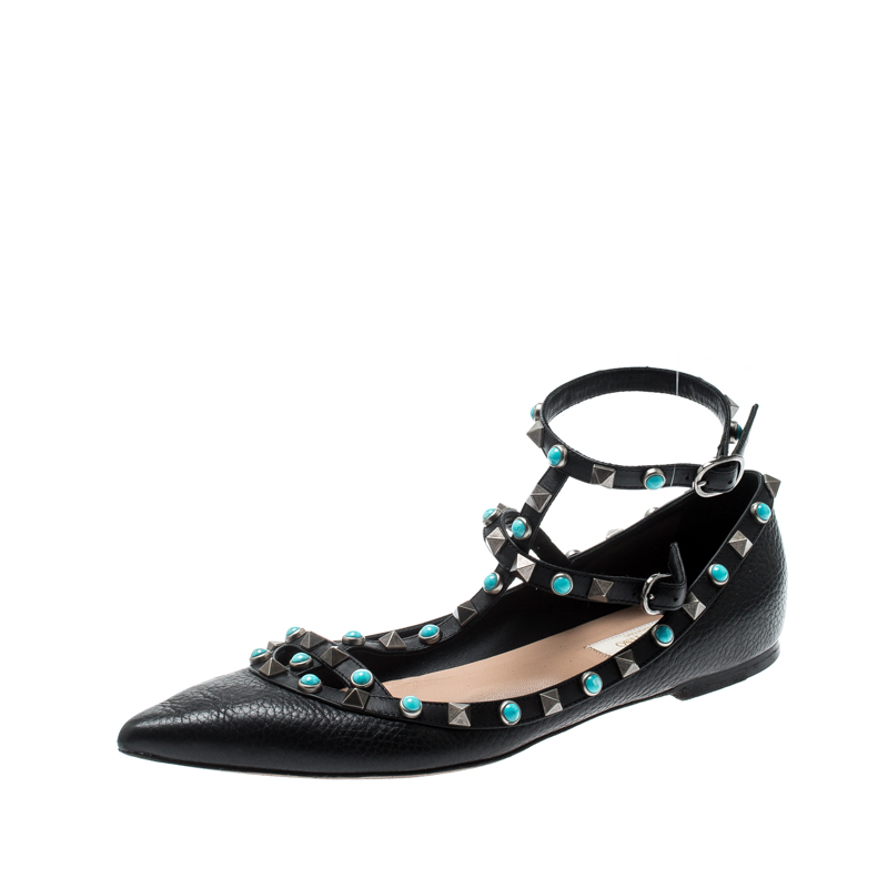 Pre Owned Valentino Black Leather Rockstud Rolling Ankle Strap Ballet flats Size 38